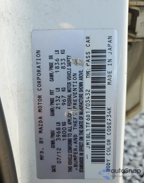 2013 Mazda 3 I z USA, uszkodzony, nr VIN JM1BL1TF6D1703432